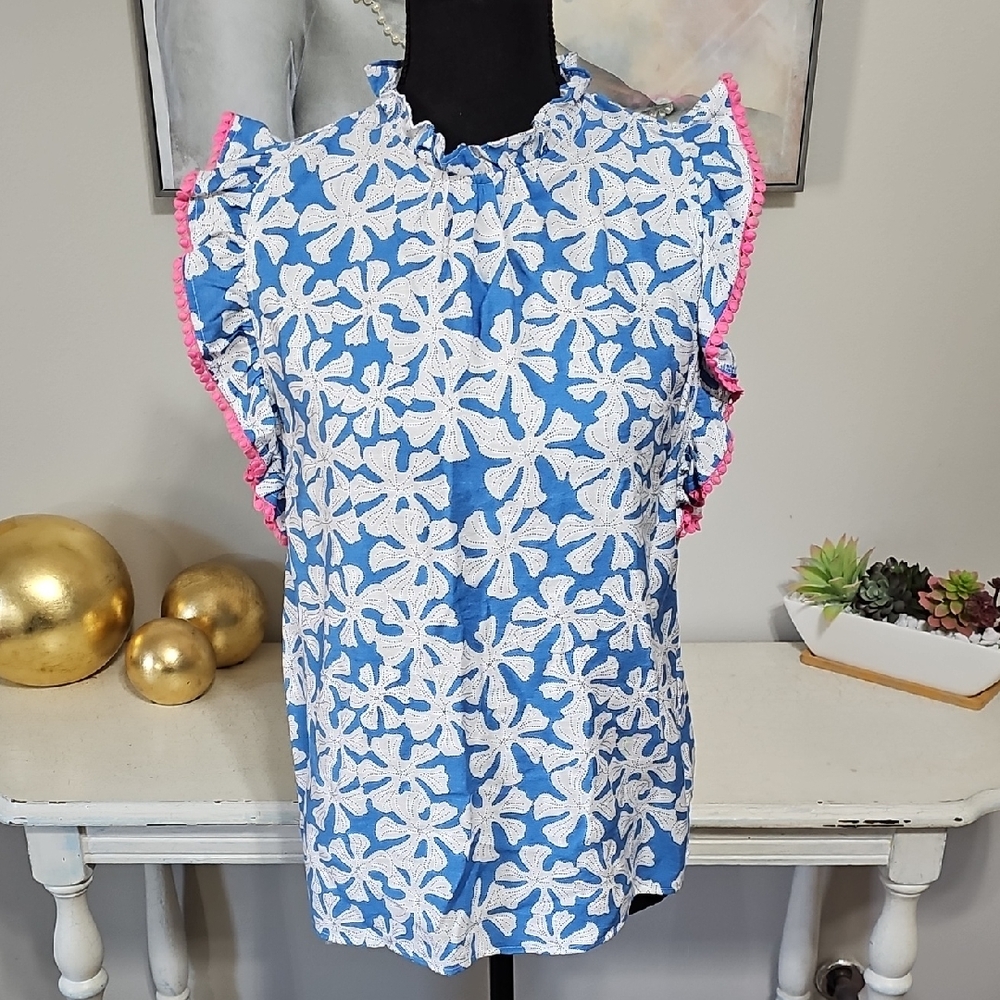 THML Blue & White Floral Eyelet Top with Pink Trim